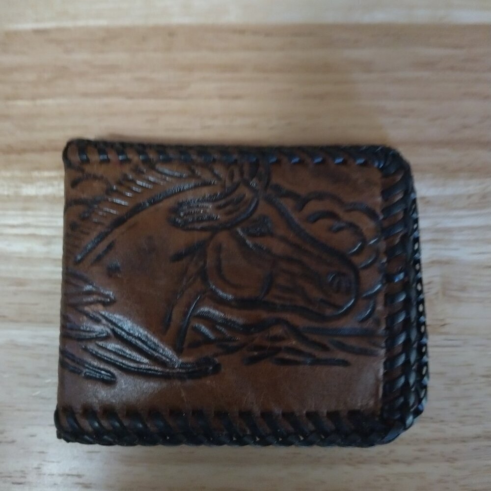 Tooled Leather Men's Brown Bifold Wallet Horse Braided Classic Vintage Western